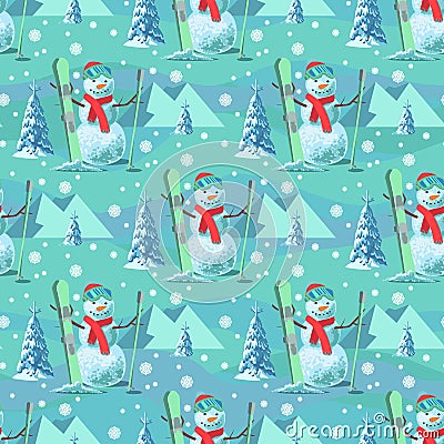 Endless pattern Christmas theme. Vector seamless illustration of a snowman, ski outfit with snow covered trees Vector Illustration