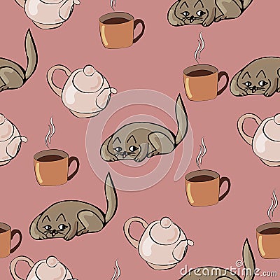 Endless pattern of teapot, cat and tea. Homeliness Vector Illustration