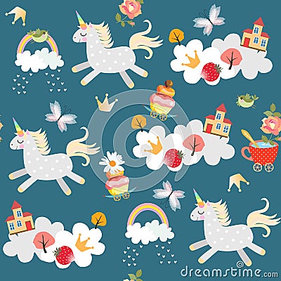 Endless pattern witn cute unicorns frolicking in the sky. Clouds, rainbow, birds, butterflies, castle, trees and rose flowers Vector Illustration