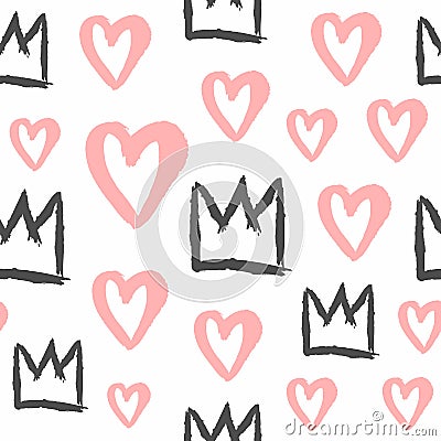 Endless print with crowns and hearts painted with rough brush. Stylish seamless pattern for girls. Grunge, sketch, watercolour. Vector Illustration