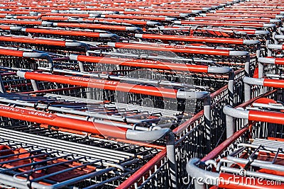 Endless rows of Costco shopping trolleys waiting for the customers. Editorial Stock Photo