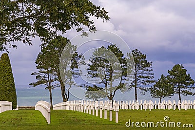 Endless rows of white crosses towards the sea at the impressive American military cemetery near Colleville-sur-Mer in Normandy, Fr Editorial Stock Photo