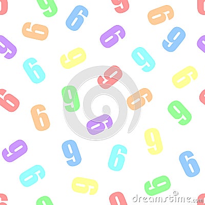 Endless seamless pattern of numbers 6 or 9 six or nine on a white background. Painted in rainbow colors in pastel colors. Red, Vector Illustration