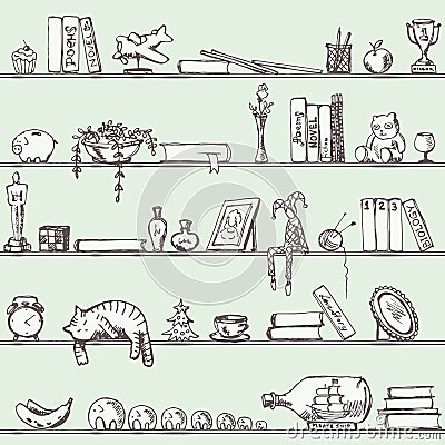 Endless Shelf with Books and Other Stuff Vector Illustration