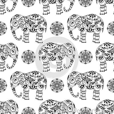 Endless texture with stylized patterned elephant and mandala in Indian style. Vector Illustration