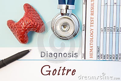 Endocrinology diagnosis Goitre. Figure of thyroid gland, result of laboratory analysis of blood, medical stethoscope and black pen Stock Photo