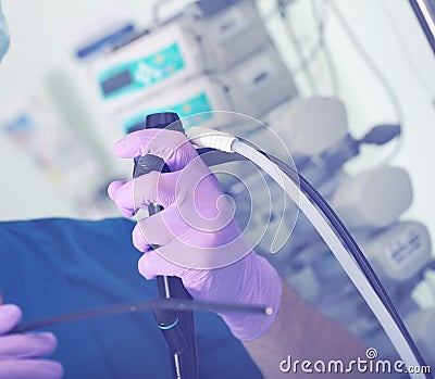 Endoscopic medical device in the hands of a surgeon`s. Endoscopi Stock Photo