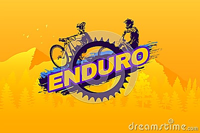 Enduro mountain biking logo template. Typography design with riders and bicycle chainring silhouette. Concept for shirt Vector Illustration
