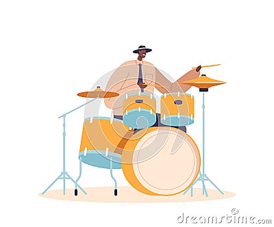 Energetic Black Jazz Drummer Character Passionately Playing Intricate Rhythms, Delivering Captivating Beats, Vector Vector Illustration