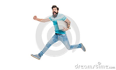 Energetic blogger midair isolated on white. Happy blogger jumping with laptop. Bearded man blogger Stock Photo