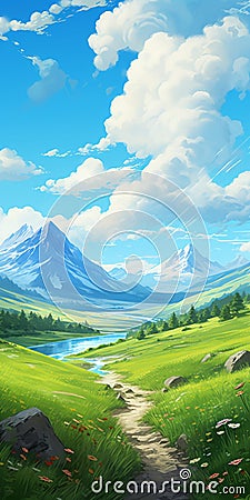 Energetic Brushwork Illustration Of Peaceful Mountain Landscape Stock Photo