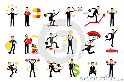 Energetic Businessman Lifting Dumbbell and Standing with Open Book Vector Illustration Set Vector Illustration