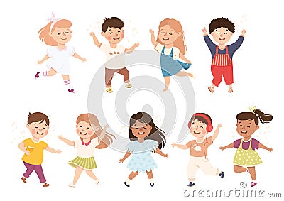 Energetic Children Dancing Moving to Music Rythm Vector Set Vector Illustration