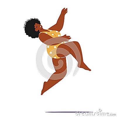 Energetic, Confident And Joyful, A Plump Female Character In A Swimsuit Defies Societal Norms By Happily Jumping Vector Illustration