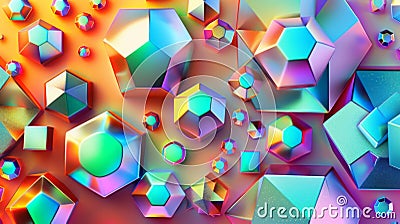 An energetic display of various holographic geometric shapes on a vibrant orange background, creating a playful and Stock Photo