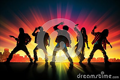 Energetic entertainment backdrop with blurred bokeh, vibrant stage lights, and silhouettes Stock Photo