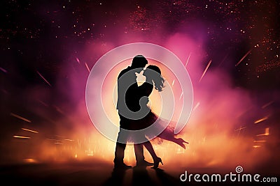 Energetic entertainment backdrop vibrant stage lights, blurred bokeh, captivating silhouettes Stock Photo