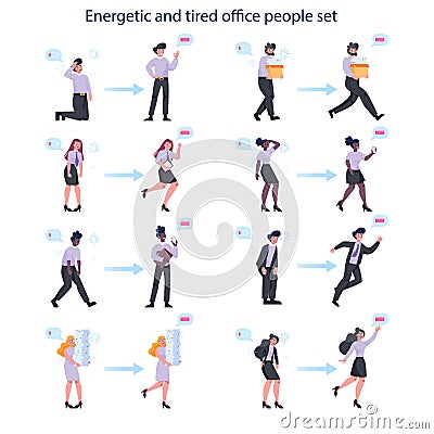 Energetic and exhausted business man and woman set. Tired and full Vector Illustration