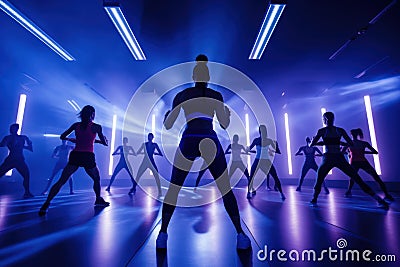 Energetic fitness: Group engaged in fervent high-intensity drills, enhanced by vivacious lighting Stock Photo