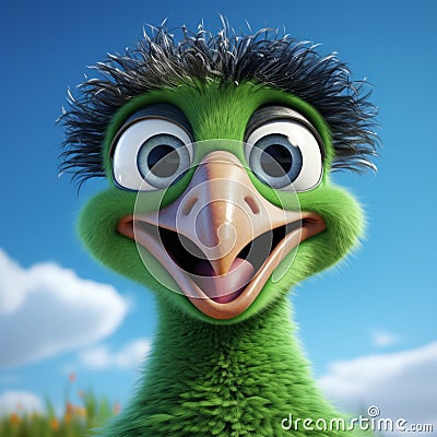 Energetic Green Bird: A Humorous Caricature In Daz3d Style Stock Photo