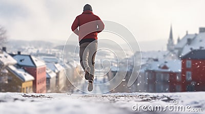 Energetic happy man jogging in a snowy city on a sunny winter day. View over a nice residential area. Generative AI Stock Photo