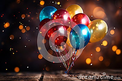 Energetic Party Scene. Colorful Confetti and Shimmering Gold Balloons Bring Joyful Festivity Stock Photo