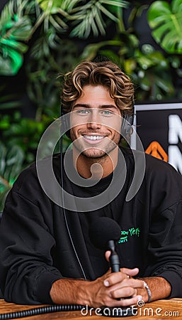 Energetic radio host broadcasting live in studio, joyfully speaking into microphone Stock Photo