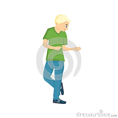 Energetic young guy, teenager, dancing, having fun, under modern music. Vector Illustration
