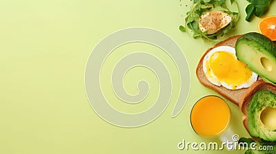 Energizing breakfast setup with avocado toast, sunny side up egg, and fresh juice on a vibrant green background Stock Photo