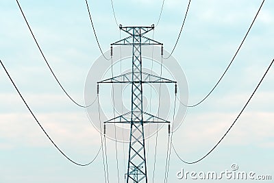 Energy crisis concept, electricity pylon with overhead powerline cables Stock Photo