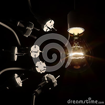 Energy crisis electric light bulb and plugs in the dark Stock Photo