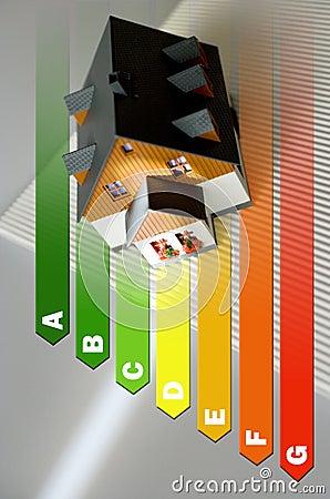 Energy efficiency label for house / heating and money savings - model of a house Stock Photo