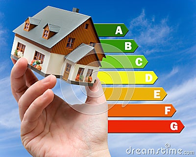 Energy efficiency label for house / heating and money savings - model of a house in a hand Stock Photo