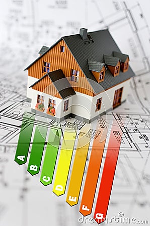 Energy efficiency label for house / heating and money savings - model of a house Stock Photo