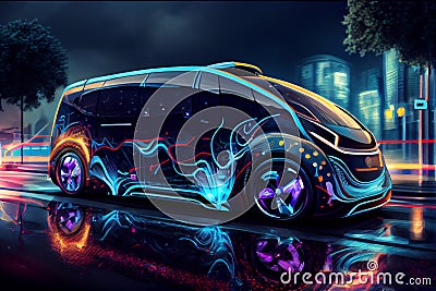 Energy Efficient Autonomous Vehicle. Shot of a futuristic unmanned van driving on a public highway in a modern city Cartoon Illustration