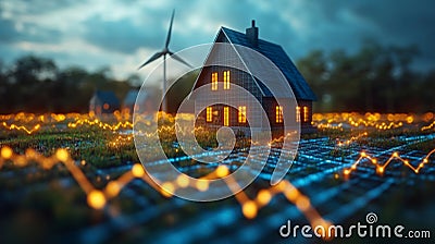 Energy-efficient house surrounded by glowing data patterns and a wind turbine at dusk. Generative AI Stock Photo