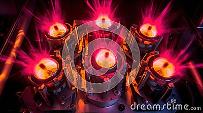 Energy of the Future, Nuclear Cores and Red Glow of Radiation, Generative AI Stock Photo