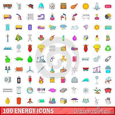 100 energy icons set, cartoon style Vector Illustration
