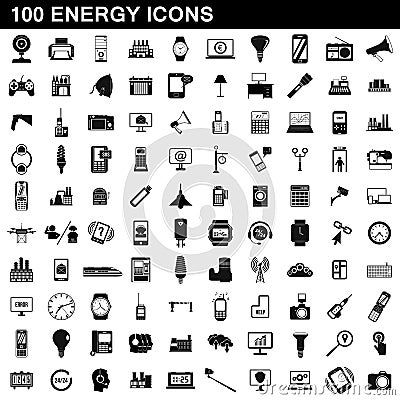 100 energy icons set, simple style Vector Illustration