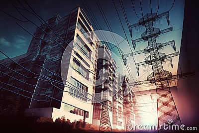 energy industry double exposure of wires and cables in a circuitous maze Stock Photo