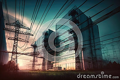 energy industry double exposure of wires and cables in a circuitous maze Stock Photo
