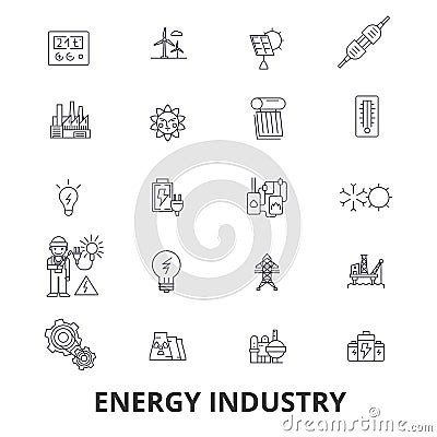 Energy industry, oil and gas, efficiency, saving, green energy, hydroelectric line icons. Editable strokes. Flat design Vector Illustration