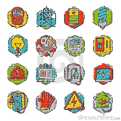 Energy outline colorful style and resource icon set vector illustration electricity industrial current. Vector Illustration