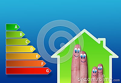 Low-power house and energy chart and cute fingers inside Stock Photo