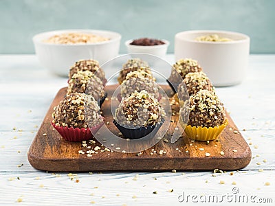 Energy protein balls with dates, hemp seeds Stock Photo