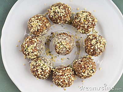 Energy protein balls with nuts, hemp seeds Stock Photo