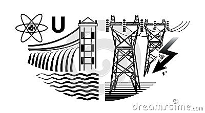 Energy Resources: Nuclear And Hydro power plants, and Electrical power stations Vector Illustration