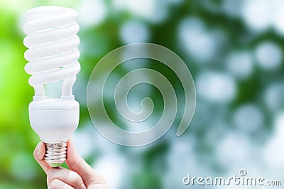 Energy saving concept, Woman hand holding light bulb on green nature background Stock Photo