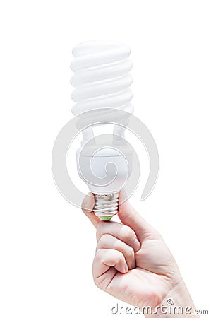 Energy saving concept. Woman hand holding light bulb on white Stock Photo