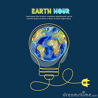 Energy saving, Earth hour concept. Vector illustration of Earth planet in light bulb. Renewable energy and environmental Vector Illustration